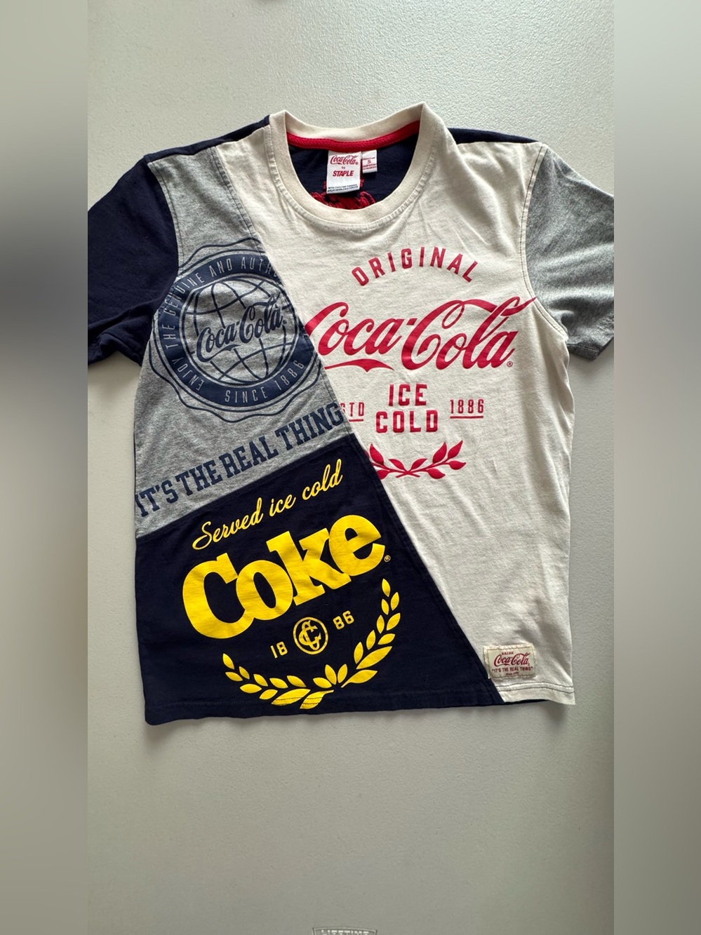 Staple Colorblock Coca-Cola Logo Tee in White, Navy & Gray